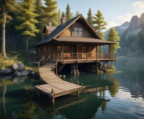 Obraz premium Rustic cabin with a private pier extending into the lake, rustic cabin, lake, boat