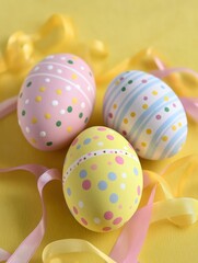 Obraz premium Three beautifully decorated Easter eggs adorned with ribbons and bows rest on a vibrant yellow surface, capturing the essence of festive celebration.