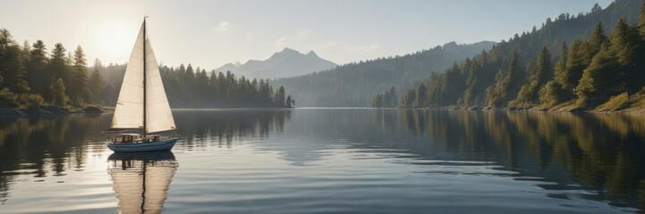 Sailboat gently swaying in the breeze on a calm lake, peaceful scene, serenity, breeze