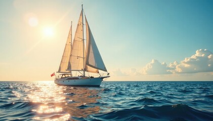 Fototapeta premium Sailing yacht with sails full of wind in a serene sea, sailboat, sun