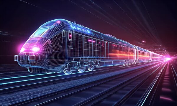 Futuristic high-speed train travels through neon city at night