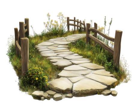 winding stone pathway surrounded by lush grass and wildflowers, bordered by wooden fences, creating serene outdoor scene