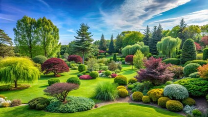 Fototapeta premium serene landscape with a variety of trees and shrubs growing in a peaceful environment, foliage, botanical garden, shrubs, nature, nature photography