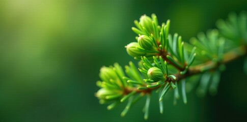 Small green fir buds sprouting from branch tips in spring, green, branch