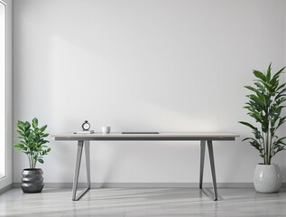 Simple desk setup against a bright white wall, study area, productivity