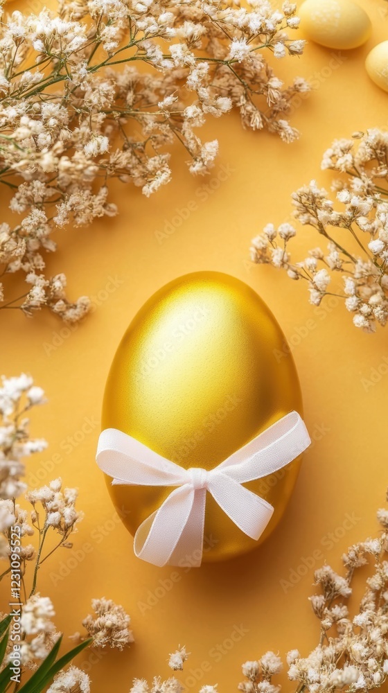 Wall mural A golden egg adorned with a white ribbon rests on a vibrant yellow background, symbolizing the festive spirit of Easter celebrations.