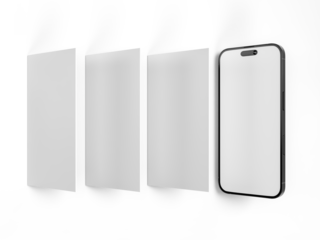 Smartphone mockup with social media stories interface mockup. Mobile app page template for creative design showcase user carousel post feed. Minimal design interface template