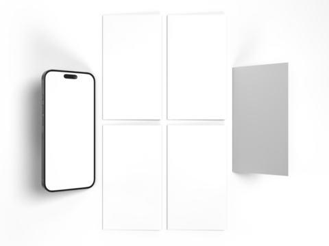 Smartphone mockup with social media stories interface mockup. Mobile app page template for creative design showcase user carousel post feed. Minimal design interface template