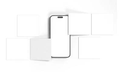 Smartphone mockup with social media post interface mockup. Mobile app page template for creative design showcase user carousel post feed. Minimal design interface template