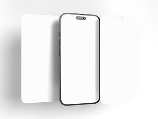 Smartphone mockup with social media stories interface mockup. Mobile app page template for creative design showcase user carousel post feed. Minimal design interface template