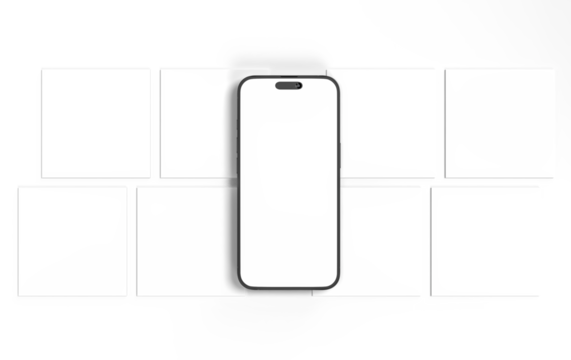 Smartphone mockup with social media post interface mockup. Mobile app page template for creative design showcase user carousel post feed. Minimal design interface template