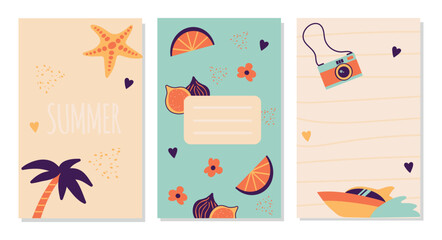 Set Summer Vacation Beach Backgrounds with palm, star fish, fruits, camera, speed boat elements for sales, cover, card, banner