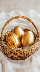 Three shiny golden eggs rest in a woven basket placed atop a delicate white cloth, symbolizing abundance and celebration during the Easter season.