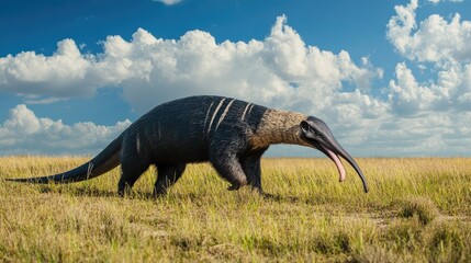 Obraz premium Giant anteater walking across a grassy plain, long tongue reaching for food.