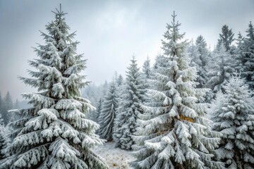 Snow-dusted coniferous trees stand against the grey sky with branches etched in frost and ice, tree shapes, ice formations, frosty conifers