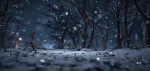 Snowflakes gently falling from the sky during a snowy night, gentle snowfall, soft flakes
