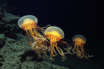 Obraz premium Three Majestic Jellyfish Gliding Through Deep Dark Ocean Waters