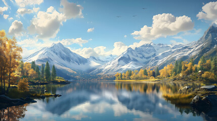 Naklejka premium Serene Mountain Landscape With Crystal Clear Lake Reflecting Autumn Colors Under a Bright Blue Sky. Generative AI
