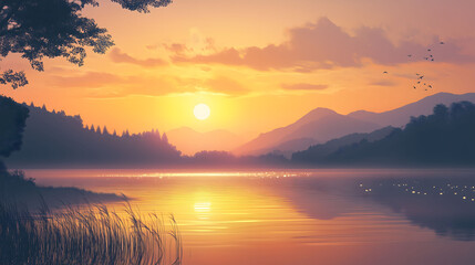 Naklejka premium Serene Twilight View of a Luminous Sunset Over a Tranquil Lake Surrounded by Mountains and Trees. Generative AI