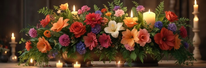 Softly glowing candlelight illuminates a delicate floral arrangement featuring lush greenery and colorful flowers, warm glow, tranquil scene, natural elegance
