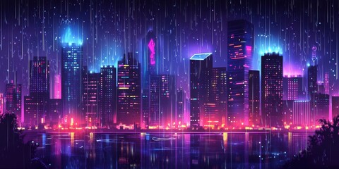 Fototapeta premium Neon Cityscape Under Rainy Night Sky