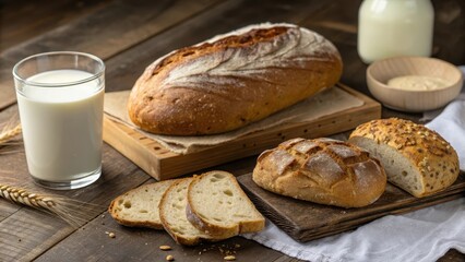 Artisan Breads and Milk A Rustic Still Life of Freshly Baked Loaves and a Glass of Milk