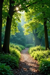 Fototapeta premium Dappled light filtering through the trees in the garden of Botanique Jardin Brest, foliage, trees