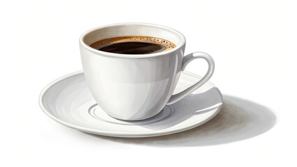 A steaming cup of black coffee rests on a pristine white saucer, casting a gentle shadow on a bright white background.