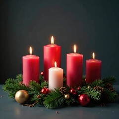 Dark grey background with four candles and fir, , fourth advent, christmas decorations