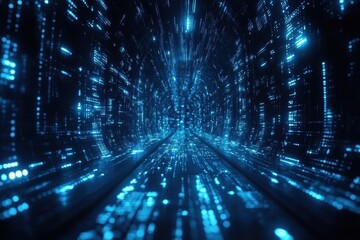 Glowing blue digital data streams form a tunnel. Illustrates data flow, digital transformation, or futuristic tech.
