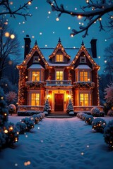 Fototapeta premium Dazzling fairy lights adorn the mansion's facade with snowflakes, elegant, high-end