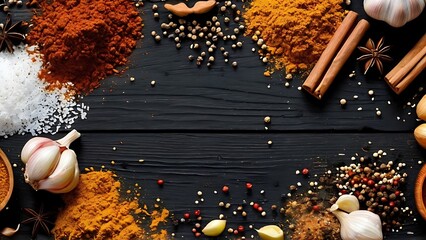 colorful spices and aromatics are arranged on a dark wooden surface including turmeric, cinnamon, and star anise, provide a rich, culinary background