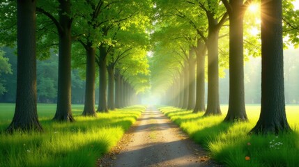 Fototapeta premium Sunlit Pathway Through a Lush Green Tree-Lined Avenue, Serene and Peaceful Landscape