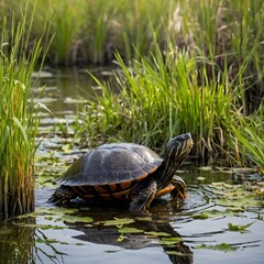 Fototapeta premium Marshland Trek: The Alabama Red-Bellied Cooter’s Journey to the Water