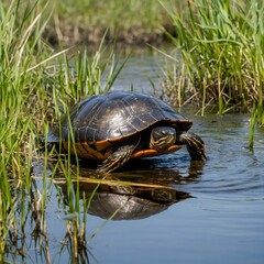 Obraz premium Exploring the Marsh: The Journey of an Alabama Red-Bellied Cooter