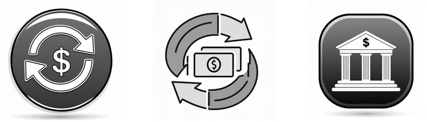 Obraz premium Three grayscale icons depict financial transactions: cyclic money flow, cash handling process, and a bank building.