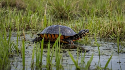 Fototapeta premium Cooter's Expedition: Navigating the Marsh to Reach the Water