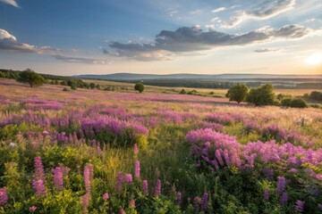 Obraz premium Panoramic view of a sun-kissed meadow with purple flowers, purple flowers, nature