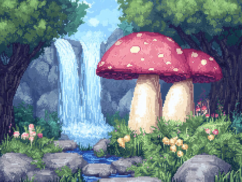 Pixel Art Waterfall Scene in a Lush Forest
