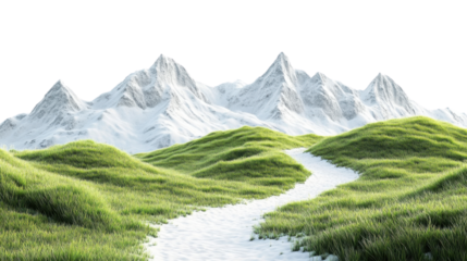 Snowy mountain path winding through green grass hills on transparent background