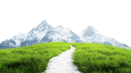 Winding path leading to majestic snow-capped mountains through lush green grass with transparent background