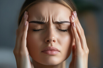 Fototapeta premium Close up young woman has a headache, Eye pain and inflammation, woman with retina fatigue.