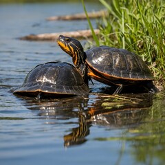 Obraz premium Sunny Spot: Alabama Red-Bellied Cooters on the Riverbank