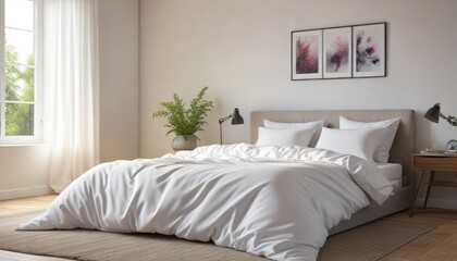 Peaceful bedroom with a large white duvet on a cozy bed, soft, serene