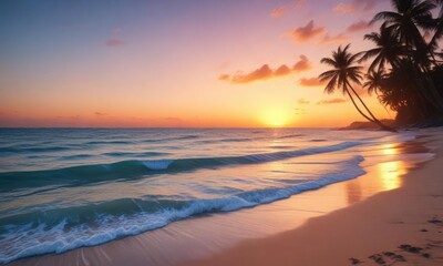 Peaceful orange hues blending with blue ocean waters on a serene beach at dawn, sky, abstract