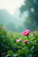 Obraz premium Gentle pink blooms unfold amidst lush greenery, misty background, ethereal landscape, serene atmosphere