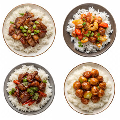 set of plates of food with meat and white rice