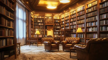 Elegant Vintage Library Interior with Leather Furniture and Books