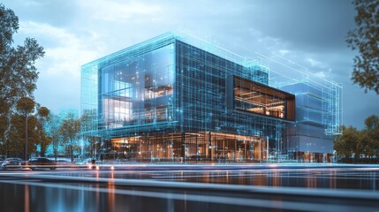 Modern glass building with digital blueprint overlay. Illustrates architectural design, smart city technology, and future construction.
