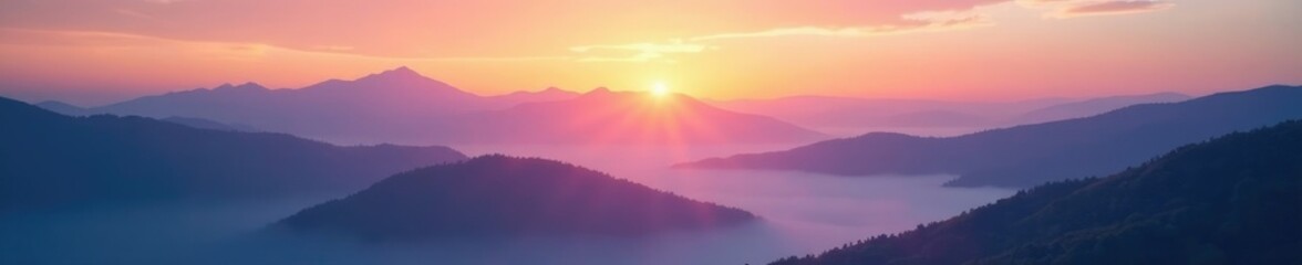 misty dawn landscape with mountains in the background, clouds, mountains